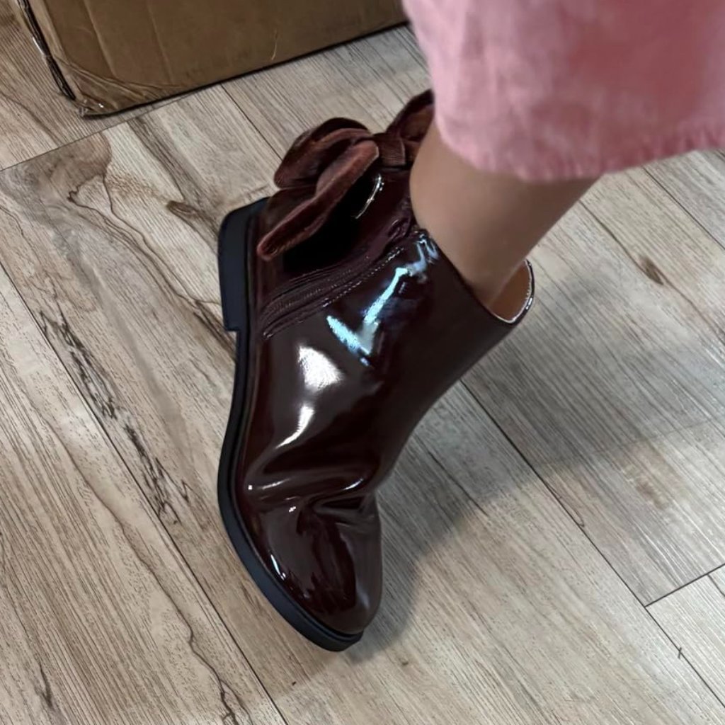Girls Dark Brown Faux Leather Ankle Bow Chunky Low Heel Side Zipper Dress Boot